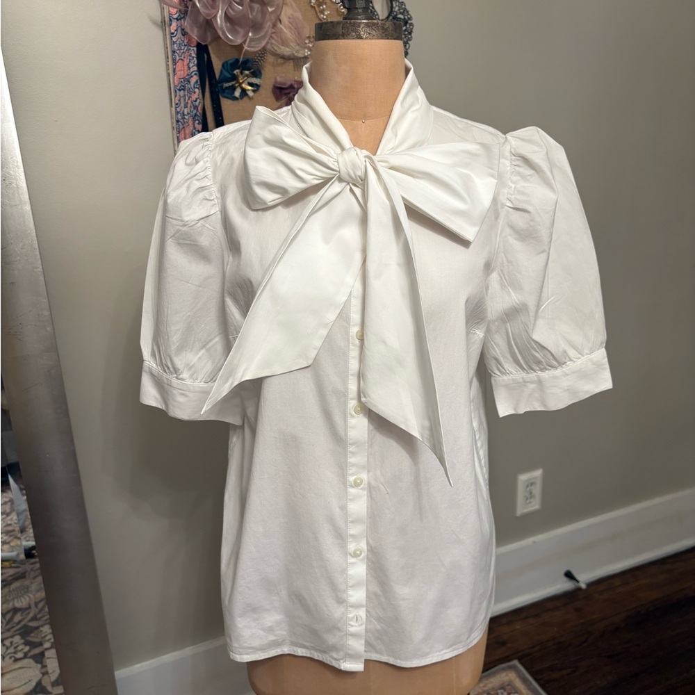 Vineyard Vines White Bow Tie Puff Sleeve Button-Down Top